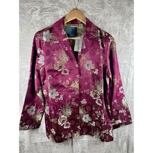 Chico's Blazer Womens Sz 1 Violet Jacket Asian Floral Print Button Up Rayon NWT